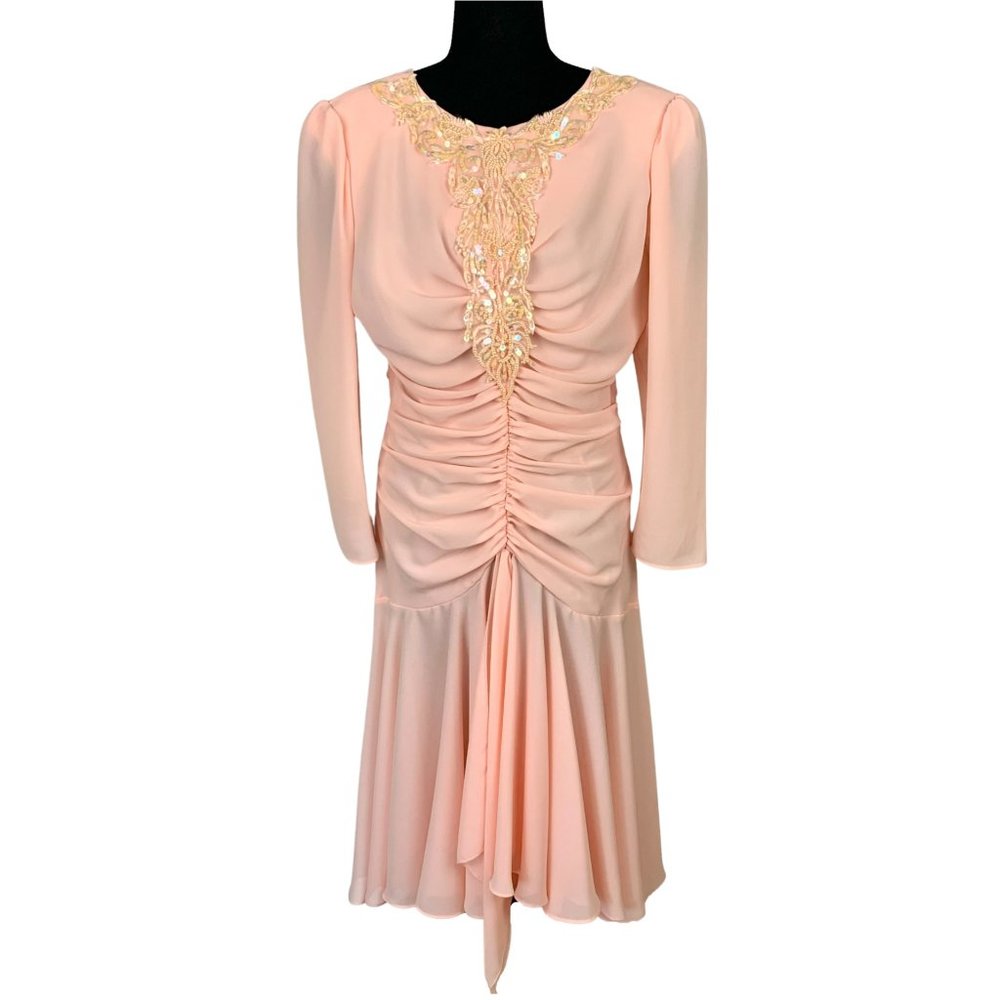 VINTAGE 80s Pink Beaded Long Sleeve Midi Party Dress